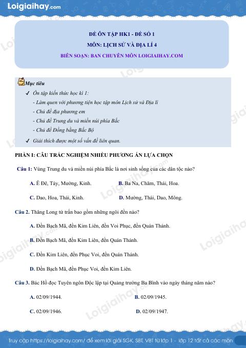 Đề kiểm tra học kì 1 Lịch sử và Địa lí 4 - Đề số 1